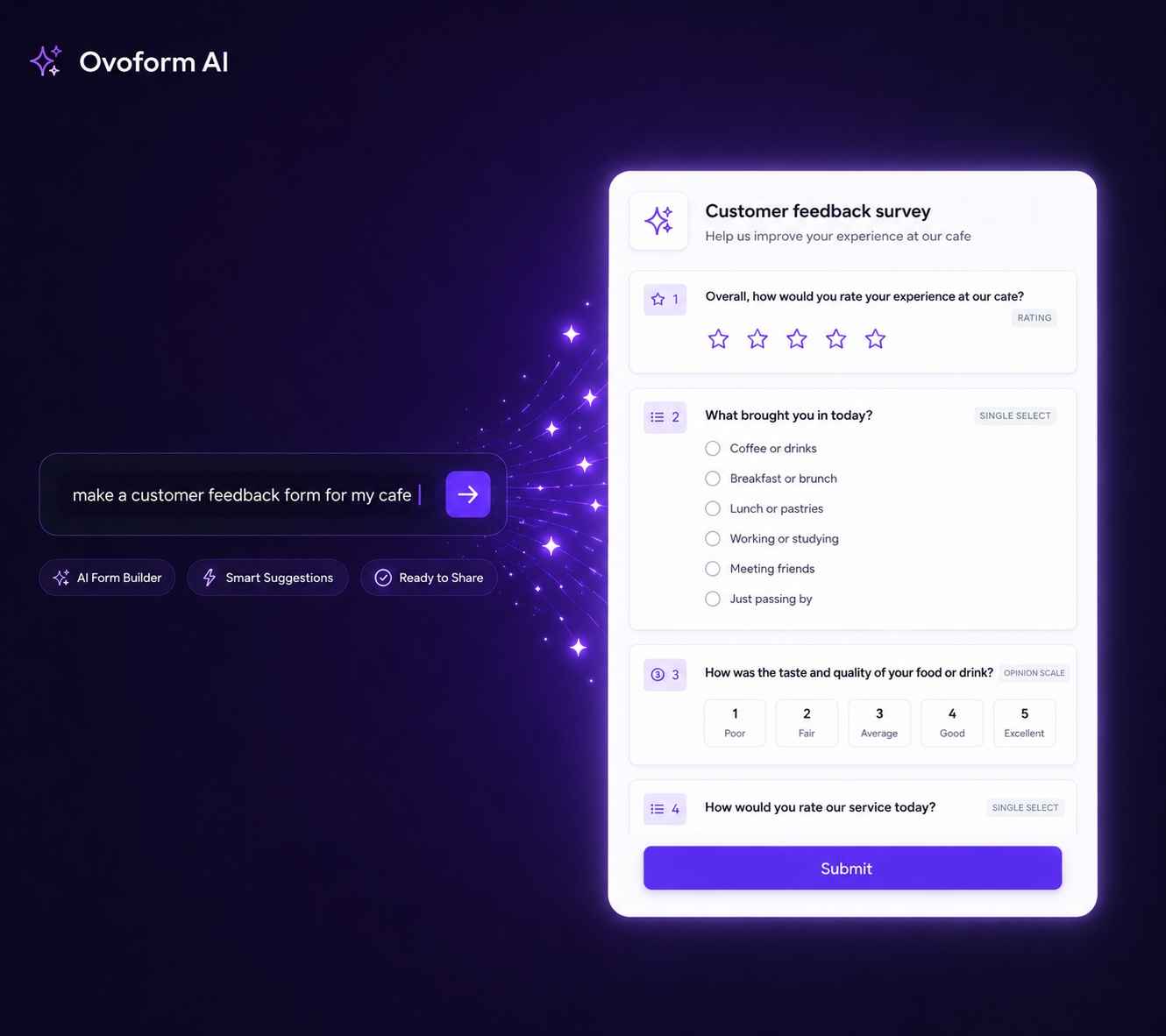 Ovoform AI generating a customer feedback form for a cafe from a text prompt, with rating, single-select, and opinion-scale questions