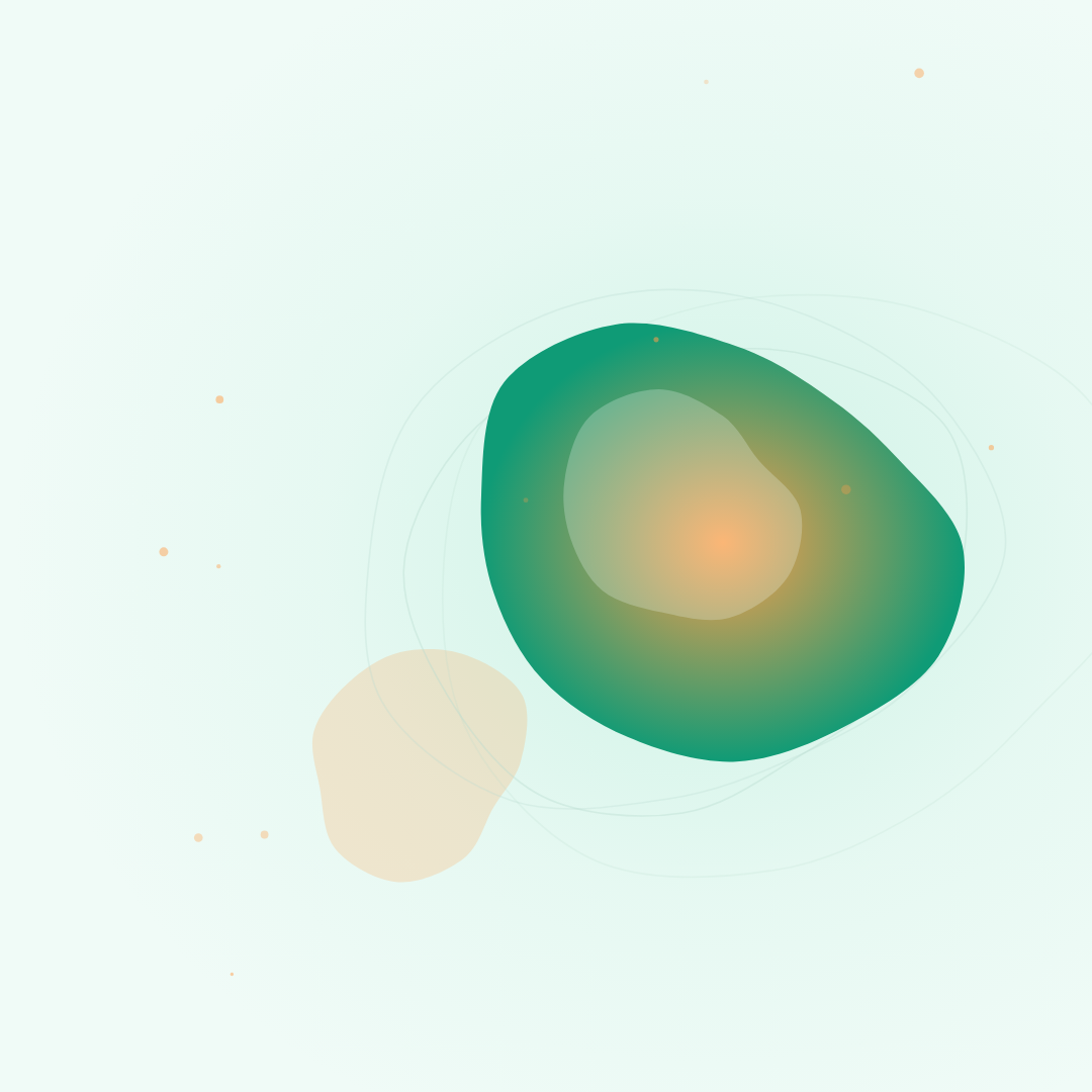 A square blob graphic: one large smooth green organic shape with a lighter inner highlight, a small sand-coloured shape overlapping its lower left, on a pale mint canvas.