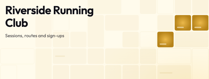 An 820 by 312 Facebook cover: the words Riverside Running Club and Sessions, routes and sign-ups in the upper left, over a pale amber grid of rounded blocks.