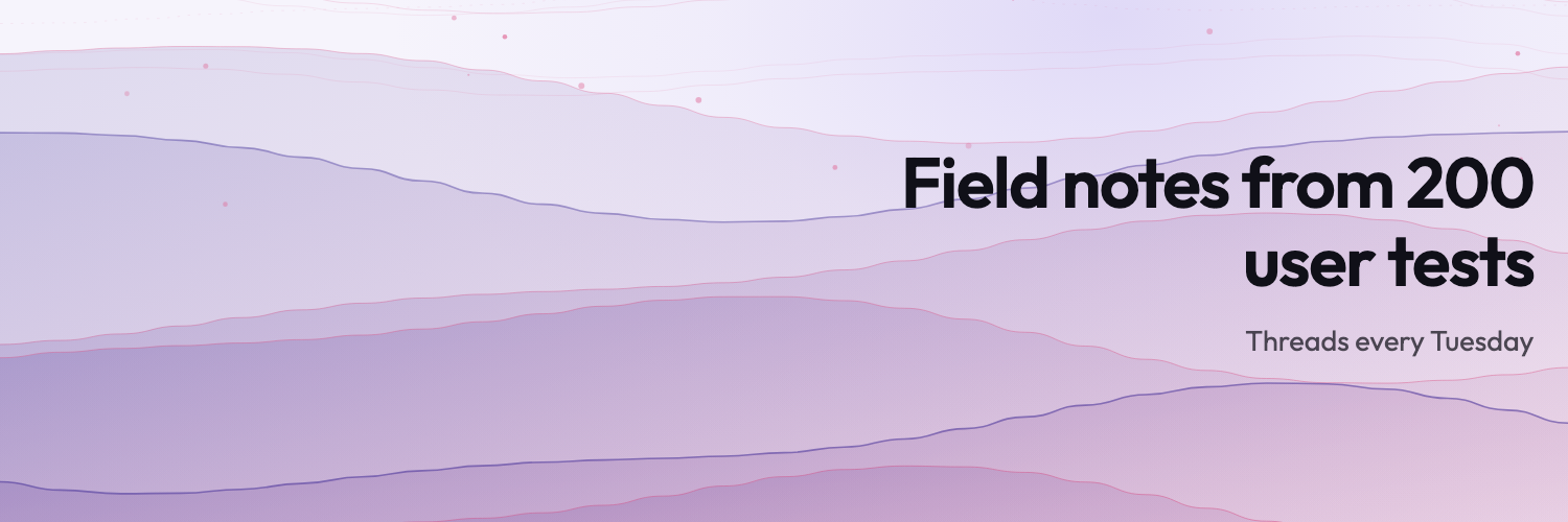 A 1500 by 500 X header: the words Field notes from 200 user tests with the line Threads every Tuesday, set right of centre over soft indigo and rose bands.